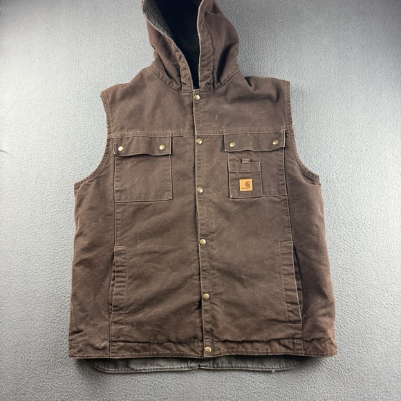 Carhartt Vest Mens XL Brown Vintage Sherpa Lined Canvas Hooded Utility Faded